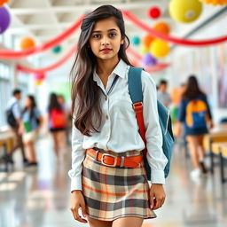 A fashionable teenage Indian schoolgirl with long dark hair styled in a trendy way, wearing a chic school uniform that includes a stylish white blouse paired with a plaid skirt