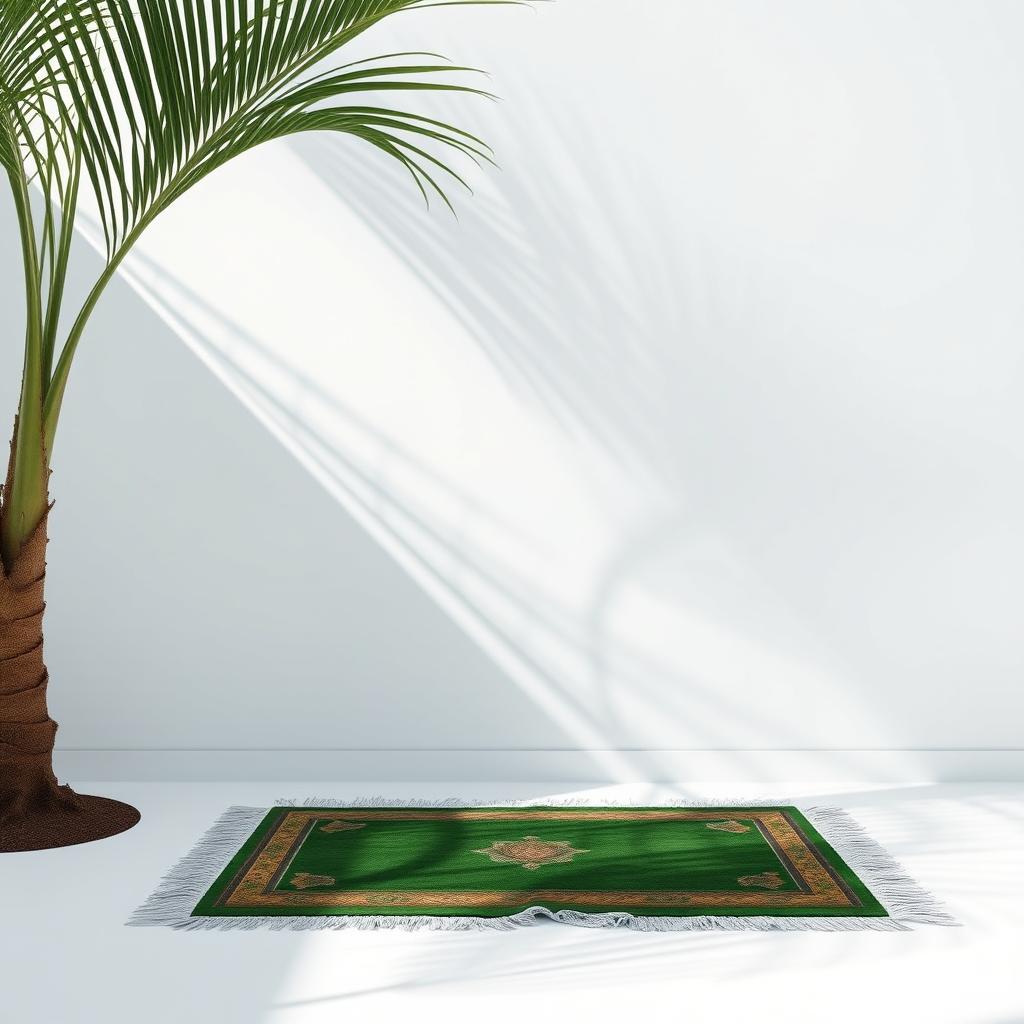 A calming image showcasing a large palm tree positioned in the corner of a clean white background, creating a striking visual