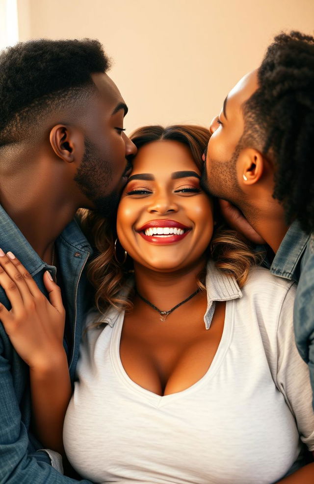 A beautifully intimate scene featuring a curvy white woman being kissed by a black man on her lips while a white man kisses her neck tenderly