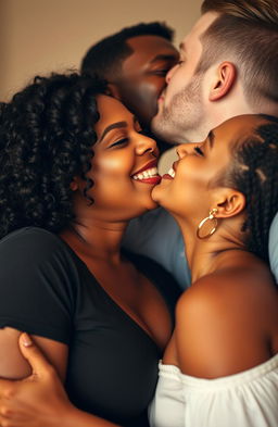 A beautifully intimate scene featuring a curvy white woman being kissed by a black man on her lips while a white man kisses her neck tenderly