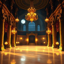 A captivating 2-D video game background inspired by Disney's 'Beauty and the Beast', depicting the interior of the grand palace at night