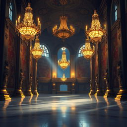 A captivating 2-D video game background inspired by Disney's 'Beauty and the Beast', depicting the interior of the grand palace at night