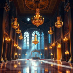 A captivating 2-D video game background inspired by Disney's 'Beauty and the Beast', depicting the interior of the grand palace at night