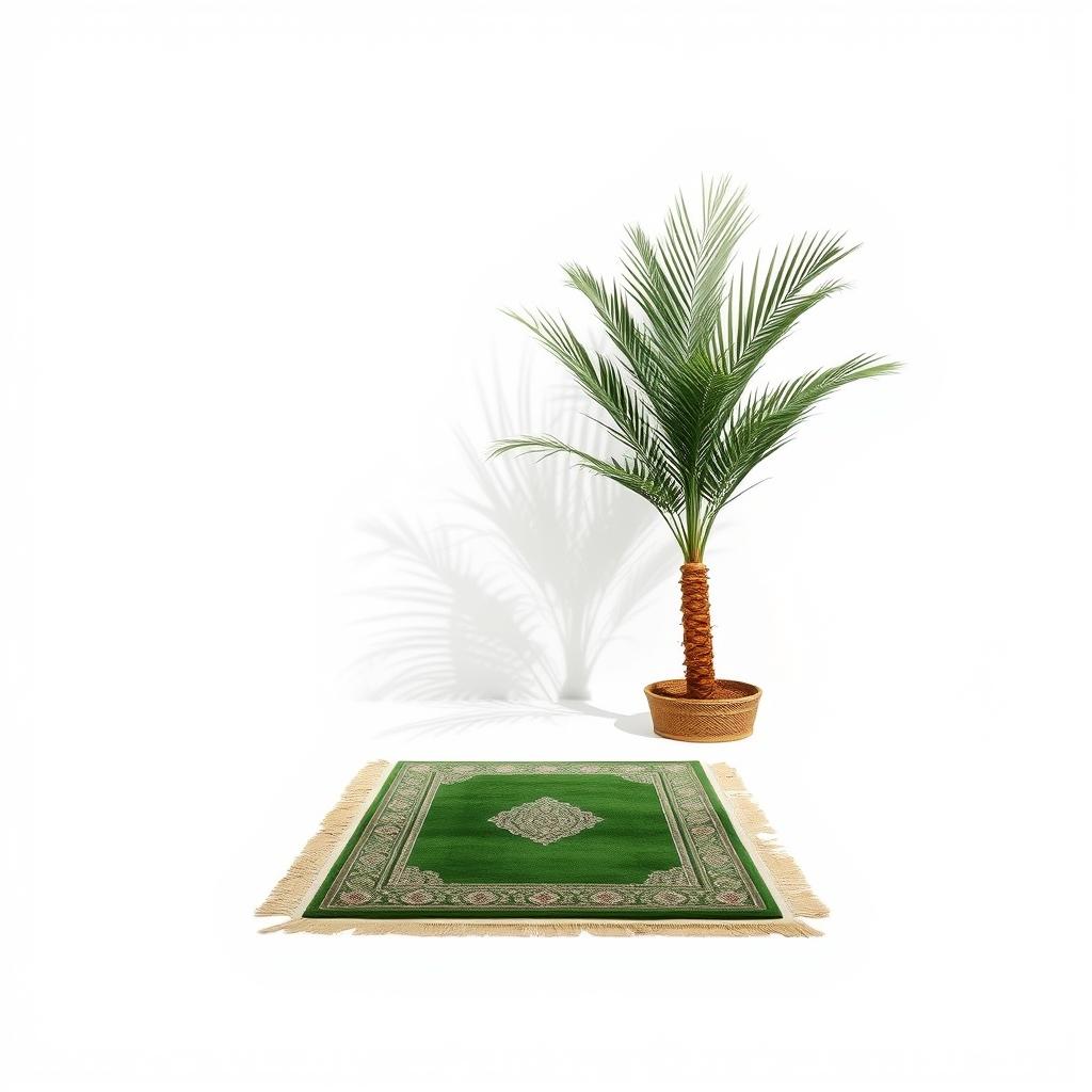 A serene image featuring a large palm tree elegantly positioned in the corner of a clean white background, its expansive fronds creating a striking visual