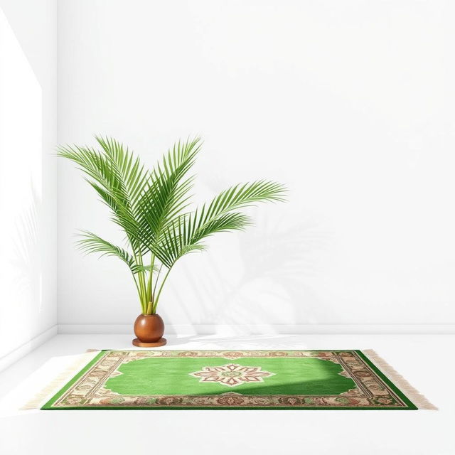 A serene image featuring a large palm tree elegantly positioned in the corner of a clean white background, its expansive fronds creating a striking visual