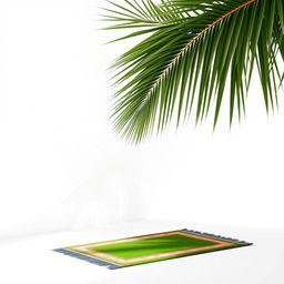 A serene image featuring a large palm tree elegantly positioned in the corner of a clean white background, its expansive fronds creating a striking visual