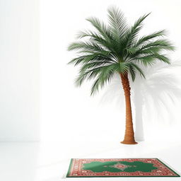 A serene image featuring a large palm tree elegantly positioned in the corner of a clean white background, its expansive fronds creating a striking visual