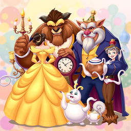 A vibrant 2-D illustration featuring all the iconic characters from Disney's 'Beauty and the Beast'
