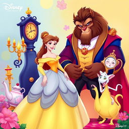 A vibrant 2-D illustration featuring all the iconic characters from Disney's 'Beauty and the Beast'