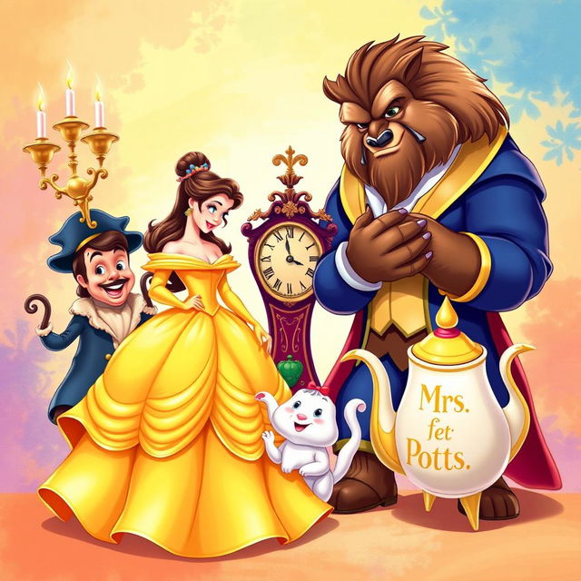 A vibrant 2-D illustration featuring all the iconic characters from Disney's 'Beauty and the Beast'