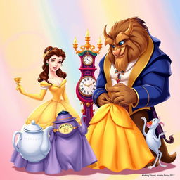 A vibrant 2-D illustration featuring all the iconic characters from Disney's 'Beauty and the Beast'