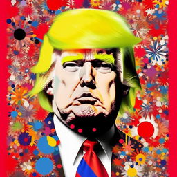 A colorful Murakami-themed print featuring Donald Trump. Capture Trump in a non-political light, surrounded by vibrant, superflat art elements typical of Murakami's style.