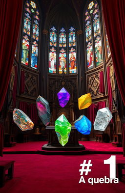 A majestic cathedral interior featuring rich red carpets and elegant curtains