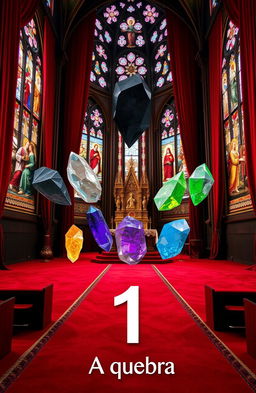 A majestic cathedral interior featuring rich red carpets and elegant curtains