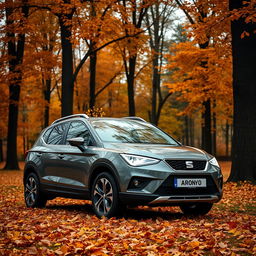 A SEAT Arona SUV car parked in a serene autumn setting, surrounded by tall trees with vibrant fallen leaves in warm colors of oranges, yellows, and browns