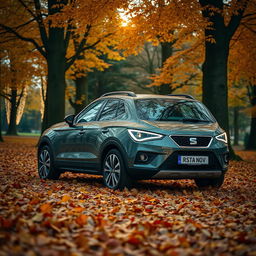 A SEAT Arona SUV car parked in a serene autumn setting, surrounded by tall trees with vibrant fallen leaves in warm colors of oranges, yellows, and browns
