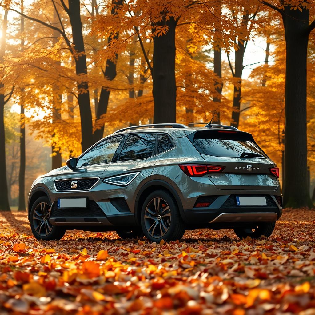 A SEAT Arona SUV car parked in a serene autumn setting, surrounded by tall trees with vibrant fallen leaves in warm colors of oranges, yellows, and browns