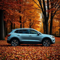 A SEAT Arona SUV car parked in a serene autumn setting, surrounded by tall trees with vibrant fallen leaves in warm colors of oranges, yellows, and browns