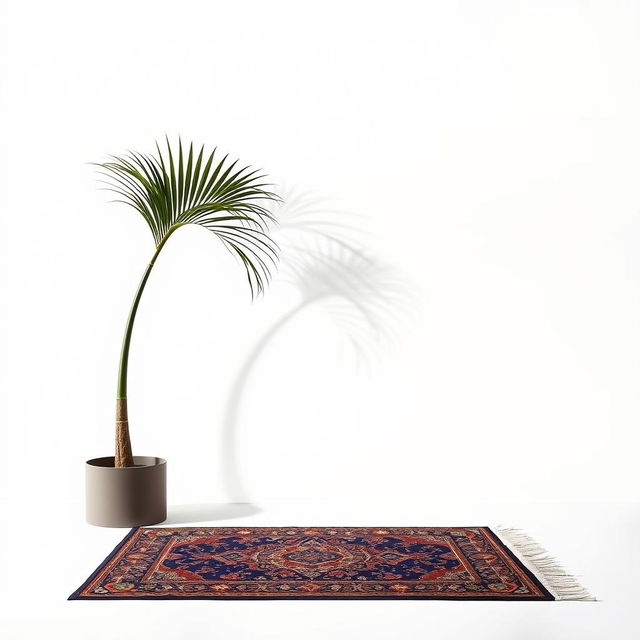 An elegant composition featuring a single palm tree on the left, gently curving toward the center, creating a graceful silhouette