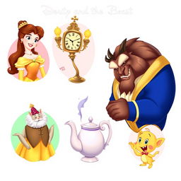 A delightful 2-D illustration featuring all the iconic characters from Disney's 'Beauty and the Beast', each character depicted separately in a vibrant and whimsical style