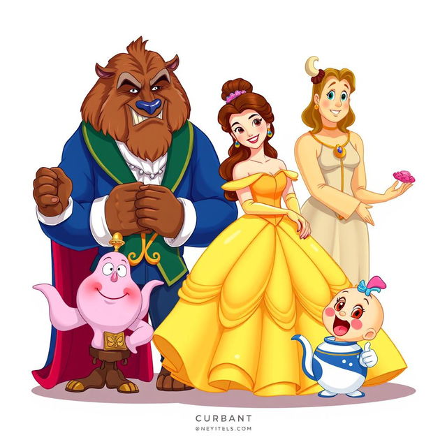 A delightful 2-D illustration featuring all the iconic characters from Disney's 'Beauty and the Beast', each character depicted separately in a vibrant and whimsical style