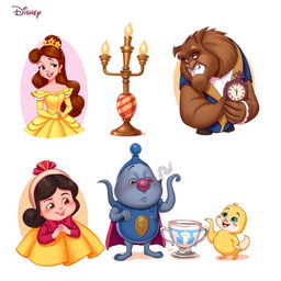 A delightful 2-D illustration featuring all the iconic characters from Disney's 'Beauty and the Beast', each character depicted separately in a vibrant and whimsical style