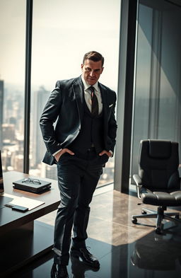 A powerful and ruthless businessman, dressed in a sharp tailored suit, exuding an air of dominance and confidence