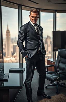 A powerful and ruthless businessman, dressed in a sharp tailored suit, exuding an air of dominance and confidence