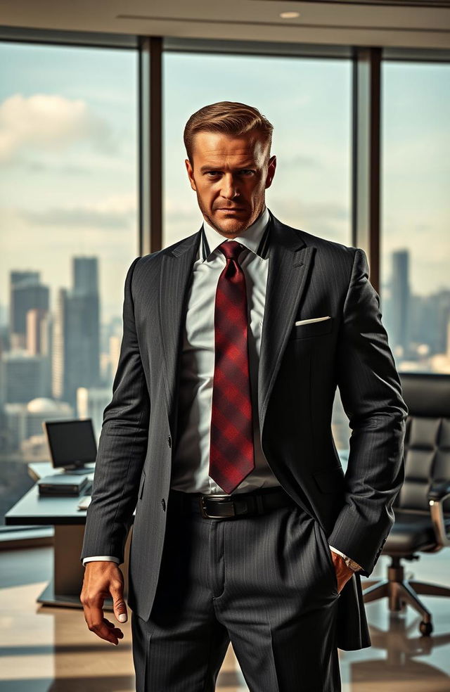 A powerful and ruthless businessman, dressed in a sharp tailored suit, exuding an air of dominance and confidence