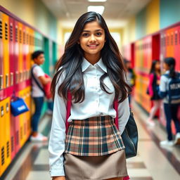 A fashionable teenage Indian schoolgirl with long dark hair, wearing a stylish school uniform that includes a crisp white blouse and a tailored plaid skirt