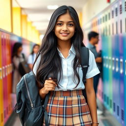 A fashionable teenage Indian schoolgirl with long dark hair, wearing a stylish school uniform that includes a crisp white blouse and a tailored plaid skirt