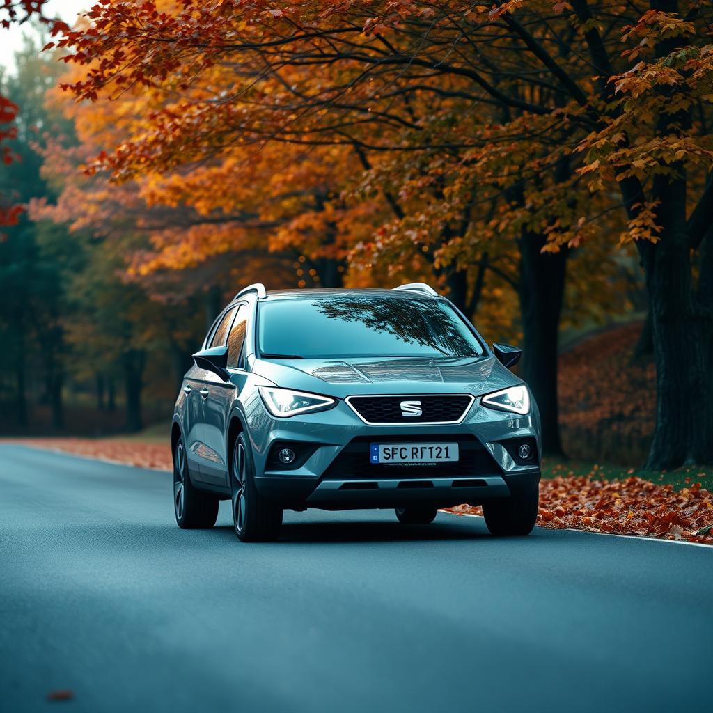 A SEAT Arona SUV parked on a road surrounded by vibrant autumn scenery