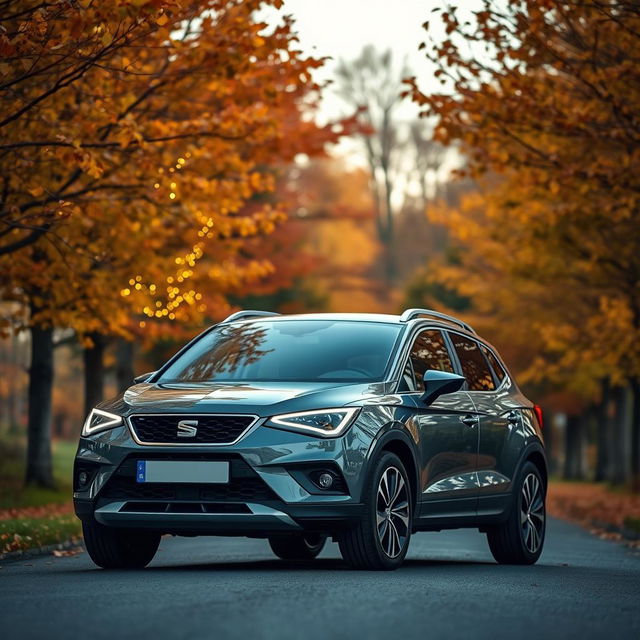 A SEAT Arona SUV parked on a road surrounded by vibrant autumn scenery