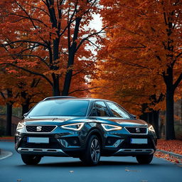A SEAT Arona SUV parked on a road surrounded by vibrant autumn scenery