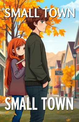 A book cover depicting a small town romance between two teenagers set in a picturesque small American town during autumn