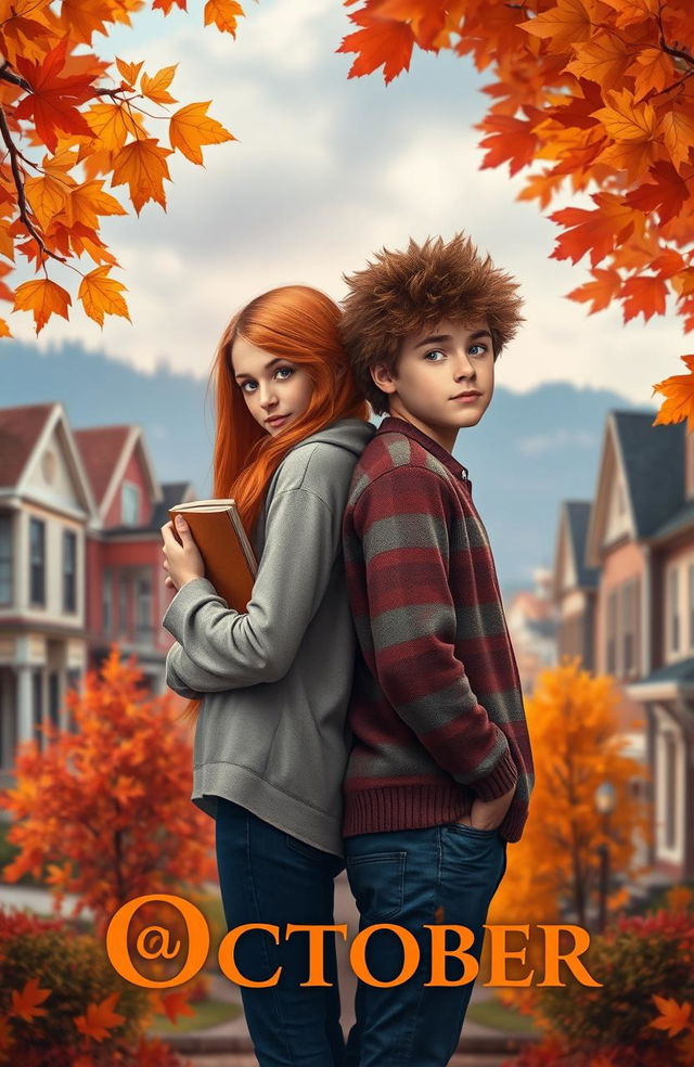 A book cover depicting a small town romance between two teenagers set in a picturesque small American town during autumn