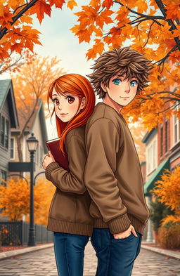 A book cover depicting a small town romance between two teenagers set in a picturesque small American town during autumn
