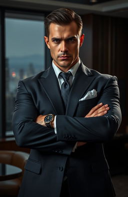 A powerful and ruthless businessman, dressed in an elegant tailored suit, exuding confidence and authority