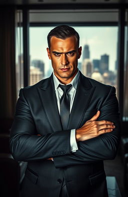A powerful and ruthless businessman, dressed in an elegant tailored suit, exuding confidence and authority