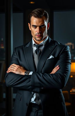 A powerful and ruthless businessman, dressed in an elegant tailored suit, exuding confidence and authority