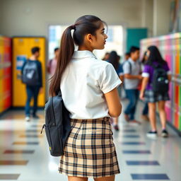 A fashionable teenage Indian schoolgirl with long dark hair tied in a ponytail, showcasing her style from the back