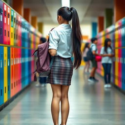 A fashionable teenage Indian schoolgirl with long dark hair tied in a ponytail, showcasing her style from the back