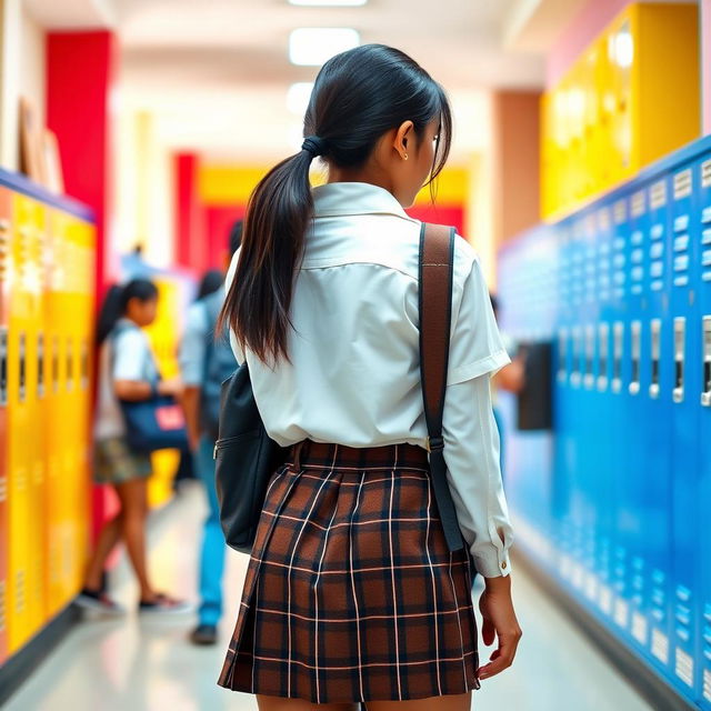 A fashionable teenage Indian schoolgirl with long dark hair tied in a ponytail, showcasing her style from the back