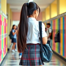 A fashionable teenage Indian schoolgirl with long dark hair tied in a ponytail, showcasing her style from the back