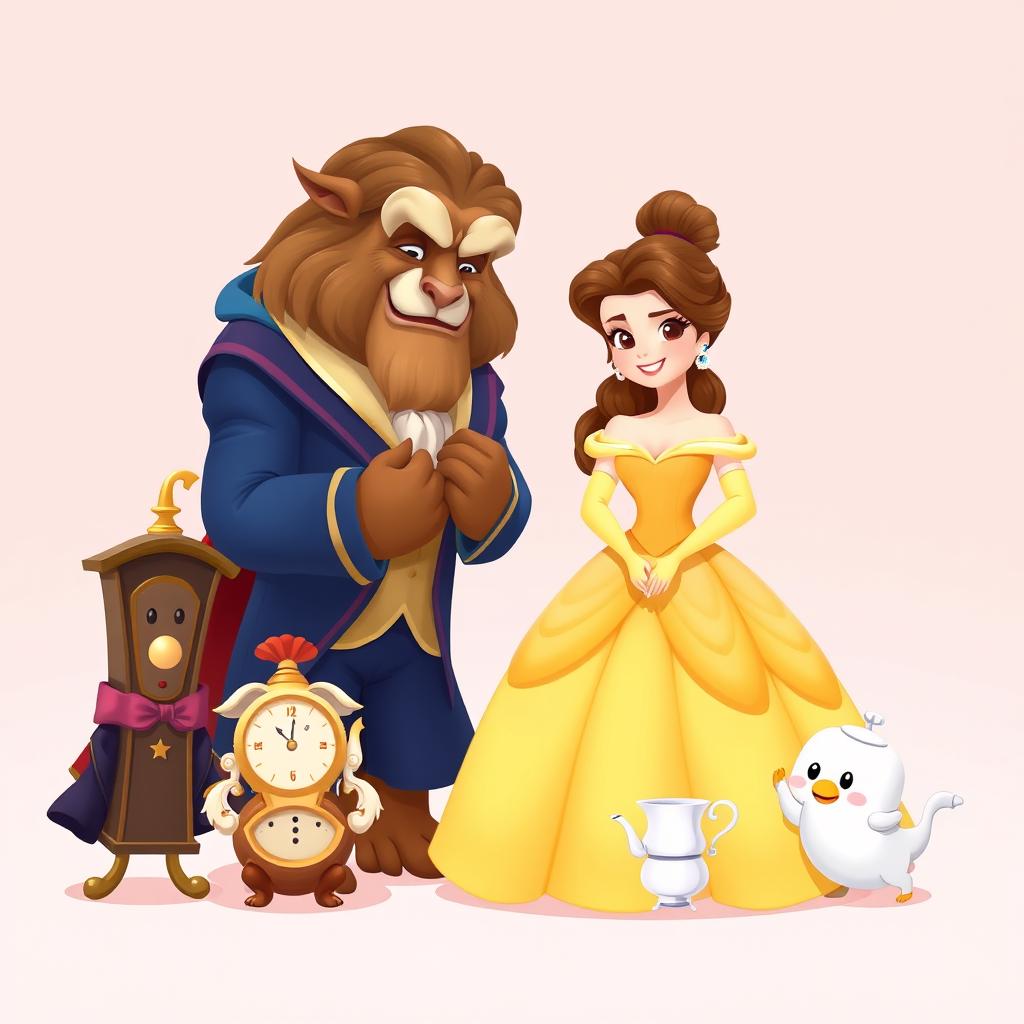 A charming 2-D illustration featuring all the iconic characters from Disney's 'Beauty and the Beast', depicted very small and separated from each other