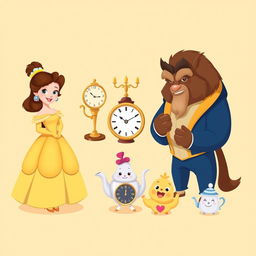 A charming 2-D illustration featuring all the iconic characters from Disney's 'Beauty and the Beast', depicted very small and separated from each other