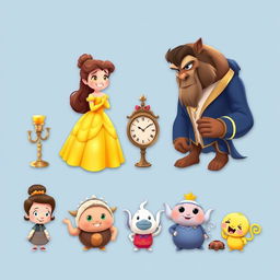 A charming 2-D illustration featuring all the iconic characters from Disney's 'Beauty and the Beast', depicted very small and separated from each other
