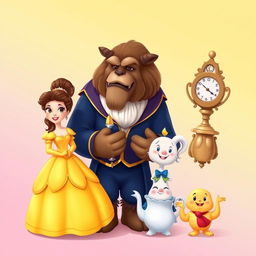 A charming 2-D illustration featuring all the iconic characters from Disney's 'Beauty and the Beast', depicted very small and separated from each other