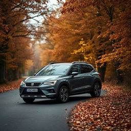 A SEAT Arona SUV parked on a tranquil road, enveloped in an autumn setting