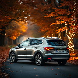 A SEAT Arona SUV parked on a tranquil road, enveloped in an autumn setting